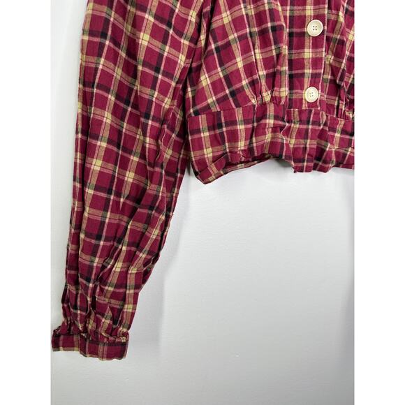 Eggka Peasant Milkmaid Crop Top Red Cream Plaid Long Sleeve Button Front Small - Picture 3 of 7